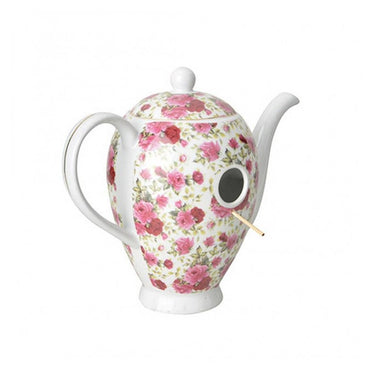 Theepot vogelhuisje - Rood/roze rozen-0